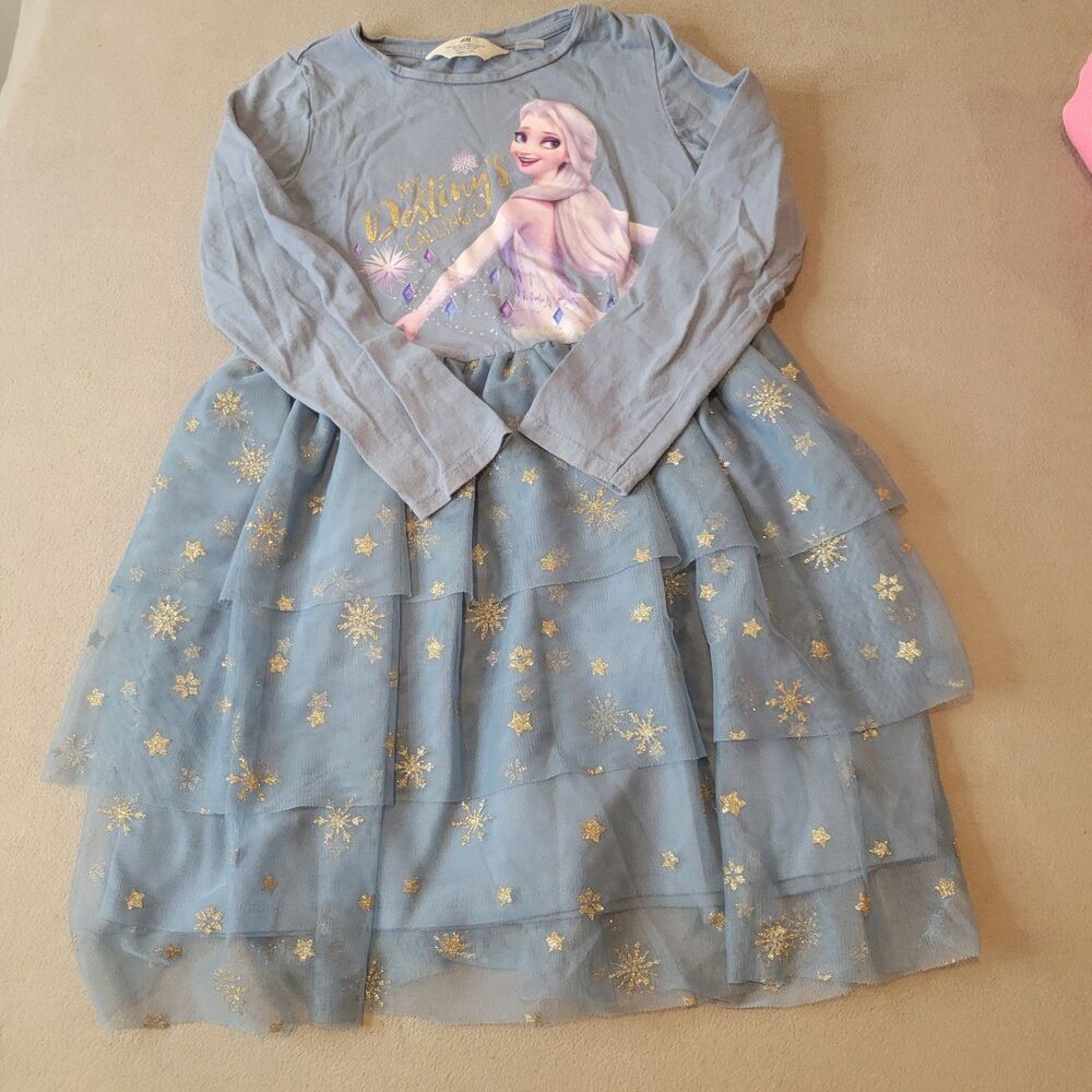 H&m Girl Disney Elsa Blue Long Sleeves Dress Size 6/7